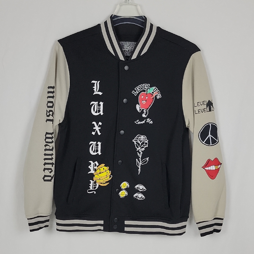 Womens Brooklyn Cloth Black and Cream Graphic Varsity Jacket Size XL